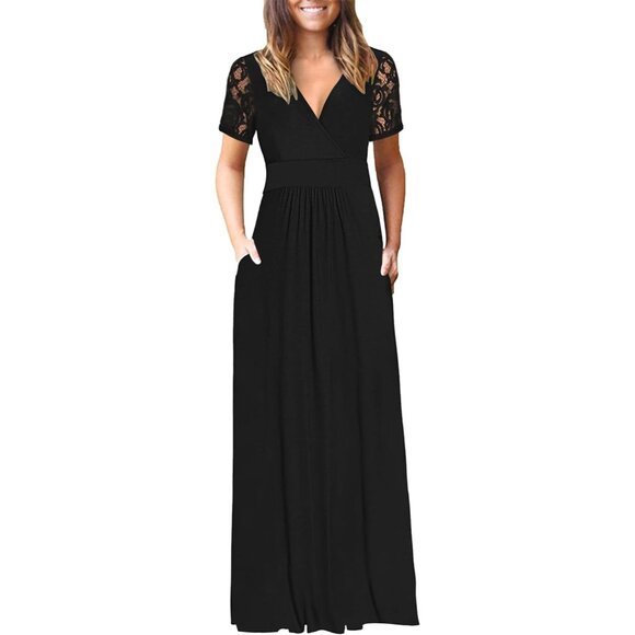 Womens Maxi Dress Lace Short Sleeve V Neck Wrap Pockets Summer Elegant - Picture 1 of 3